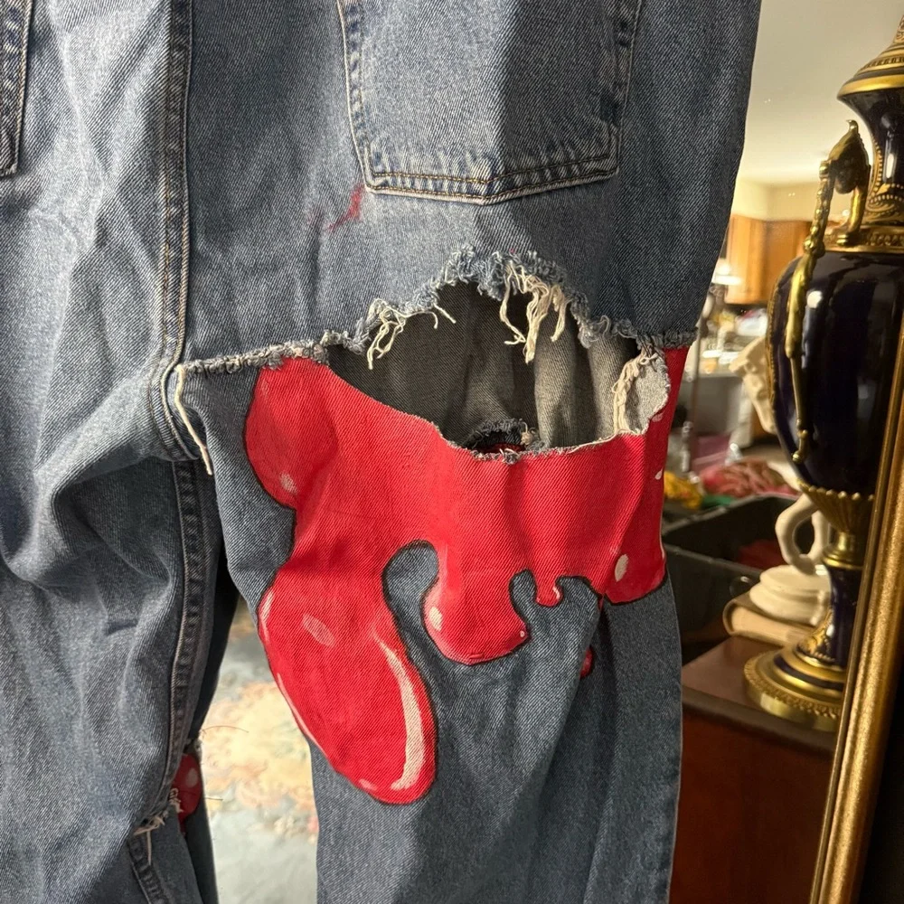 Red Paint Drip and Embroidered Straight Relaxed Fit Jeans